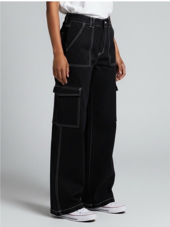 Altar'd State Pants - Altar'd State Black Wide-Leg Cargo Pants with White Contrast Stitching Large